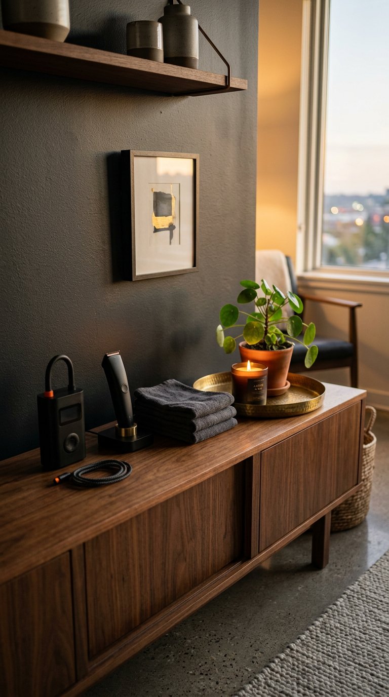 Everyday essentials arranged on a console table